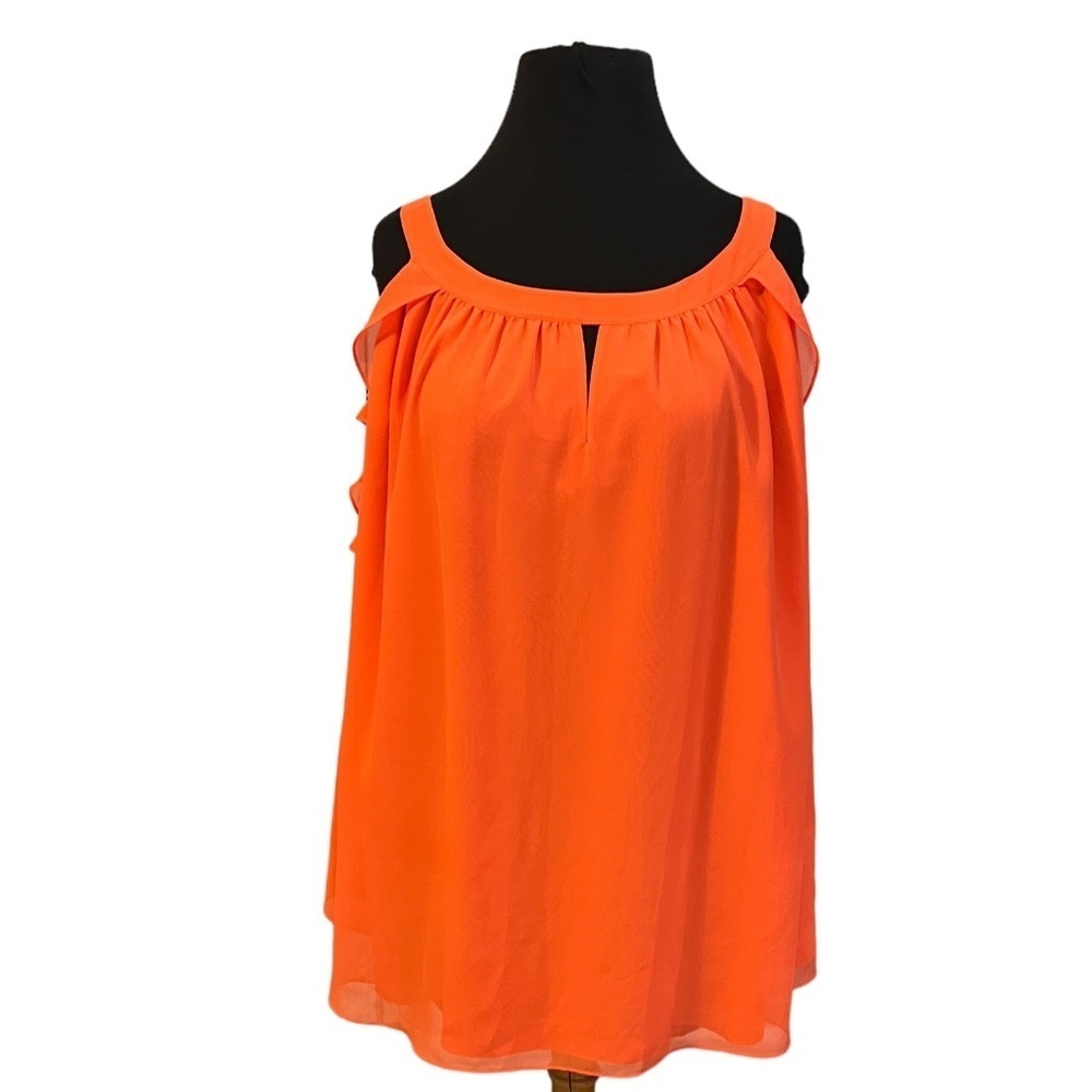 Kaari Blue‎ Women's Orange Cold Shoulder Ruffle Peasant Top